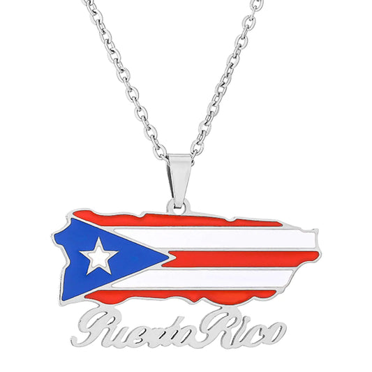 Fusamk Fashion Stainless Steel Puerto Rico Map Pendant Country Flag Pattern Necklace(White)